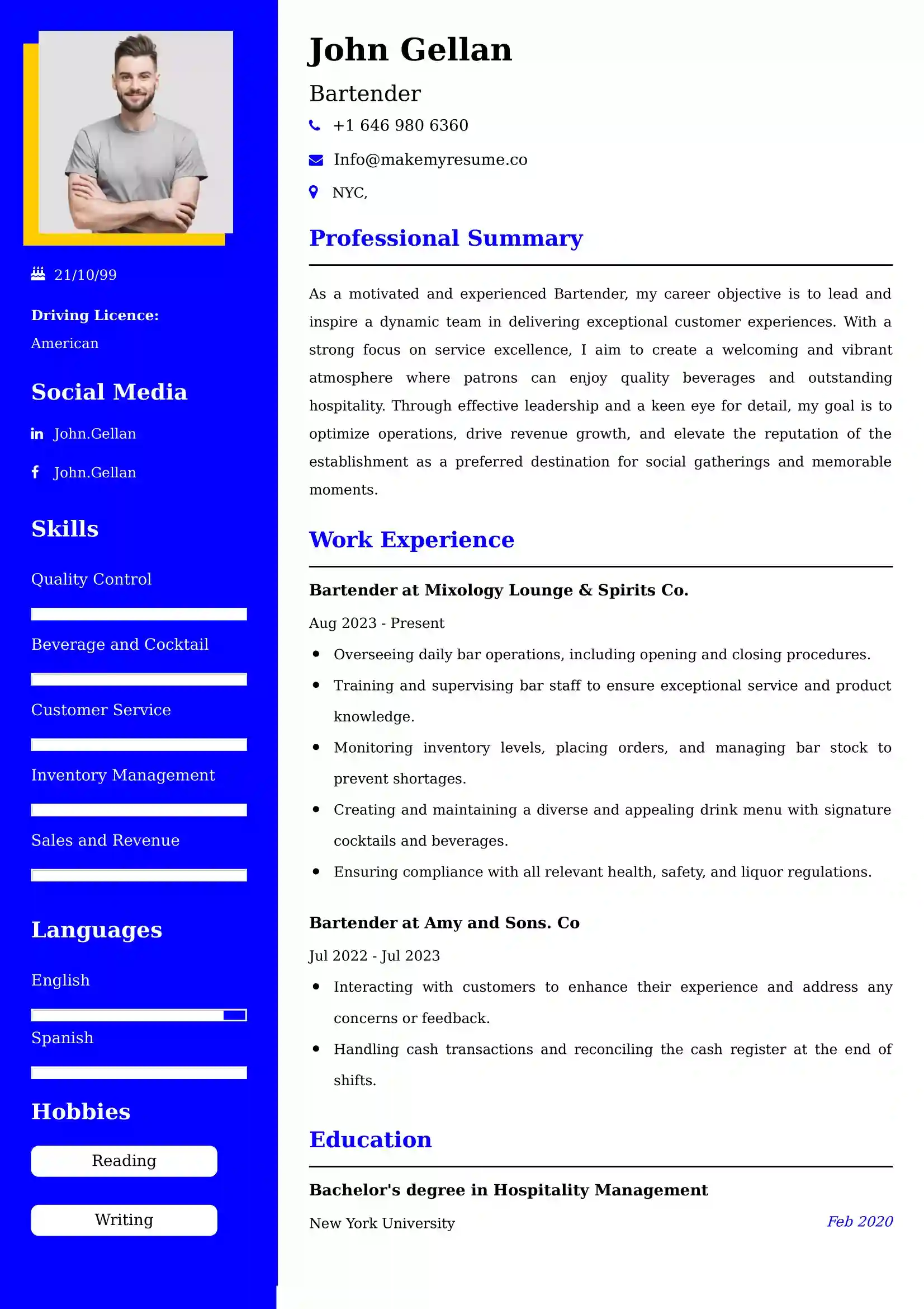 Bartender Resume Examples for UK Jobs - Tips and Guide