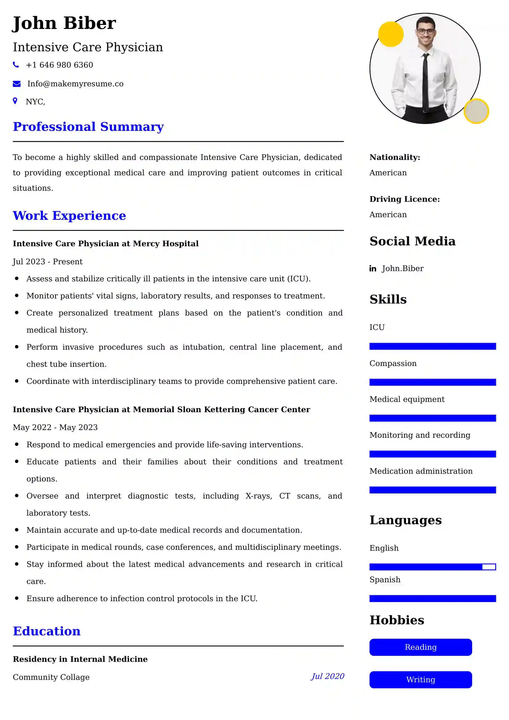 Intensive Care Physician Resume Examples for UK Jobs - Tips and Guide