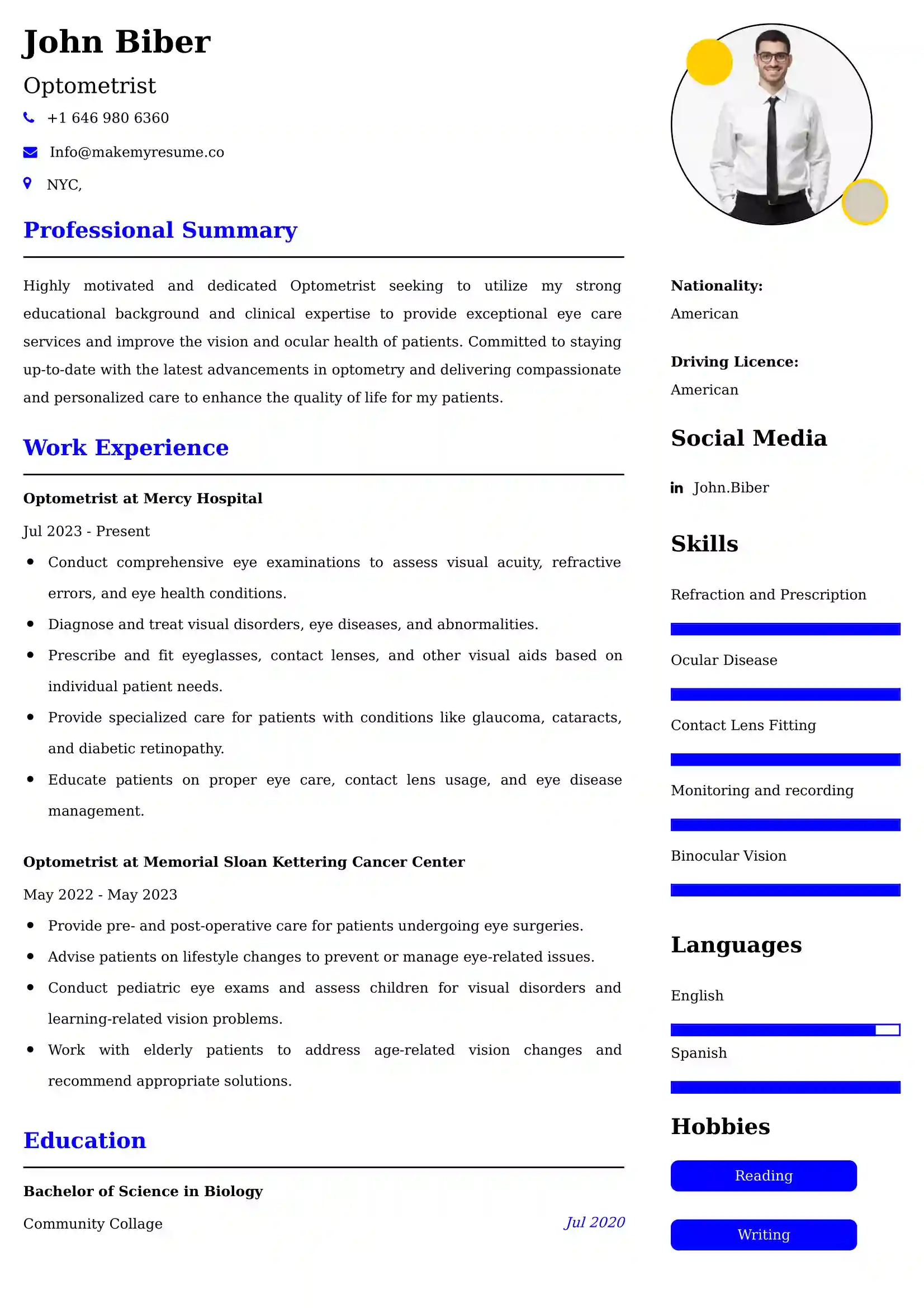 Optometrist Resume Examples for UK Jobs - Tips and Guide