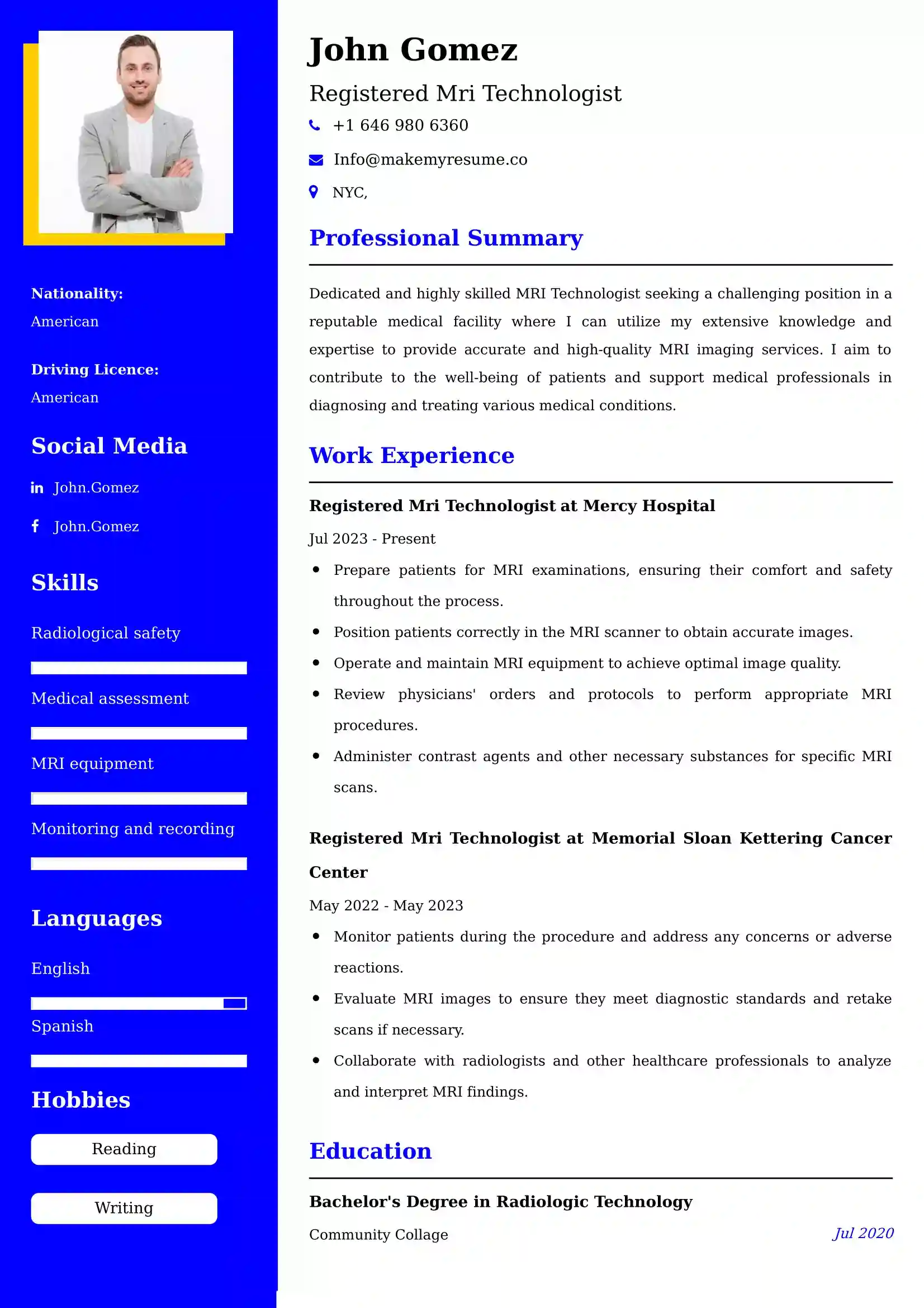 Registered Mri Technologist Resume Examples for UK Jobs - Tips and Guide
