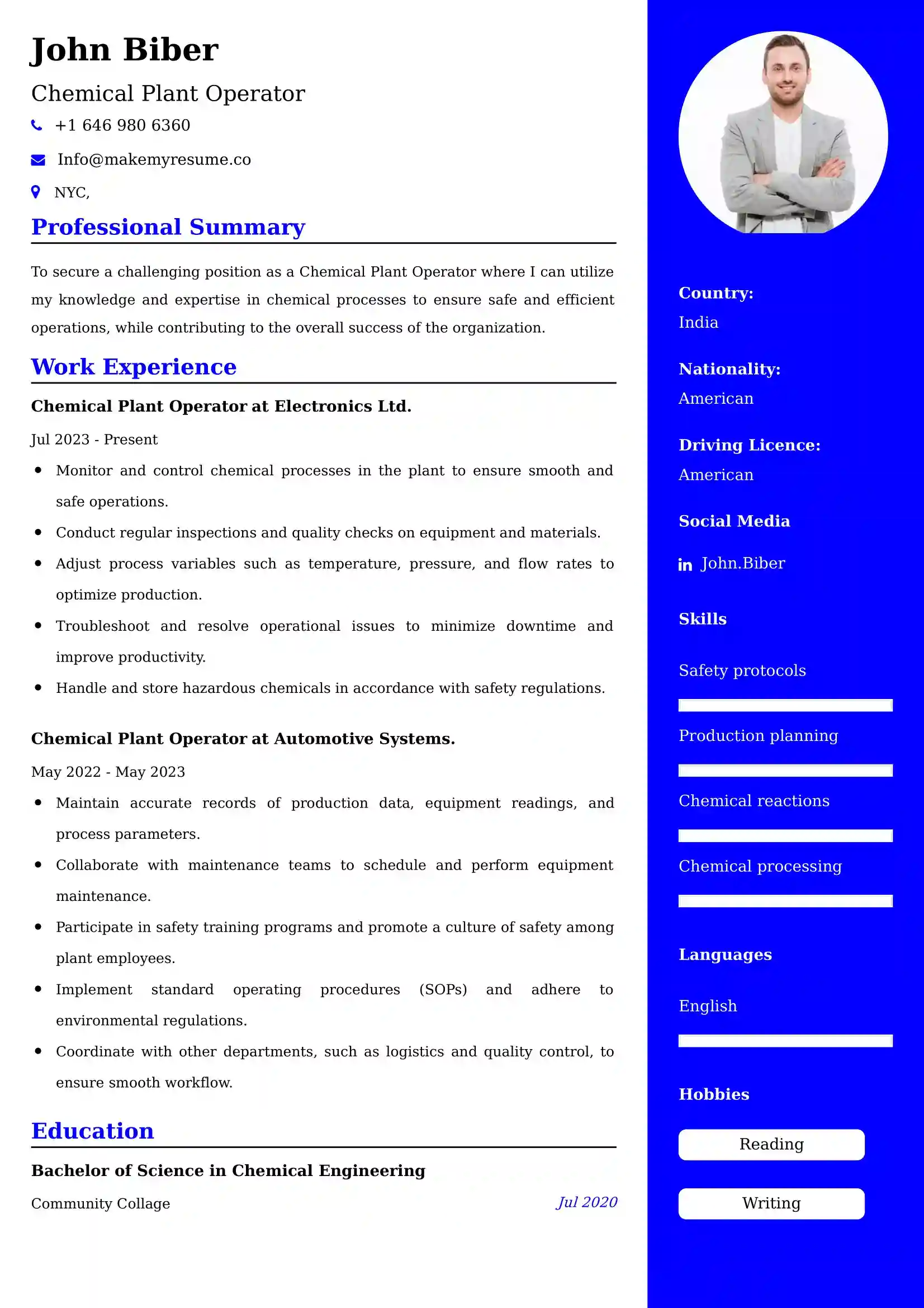Chemical Plant Operator Resume Examples for UK Jobs - Tips and Guide