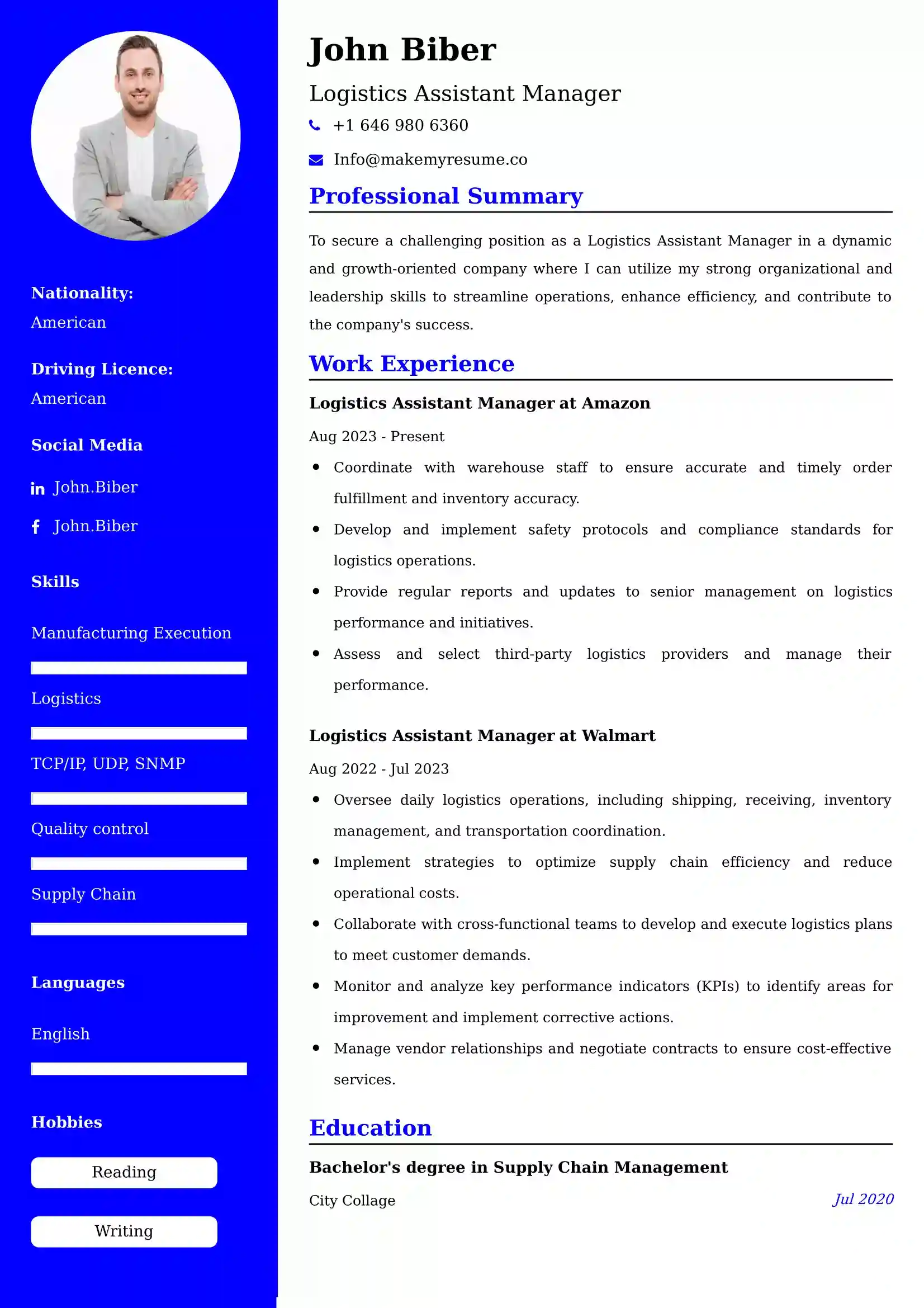 Logistics Assistant Manager Resume Examples for UK Jobs - Tips and Guide