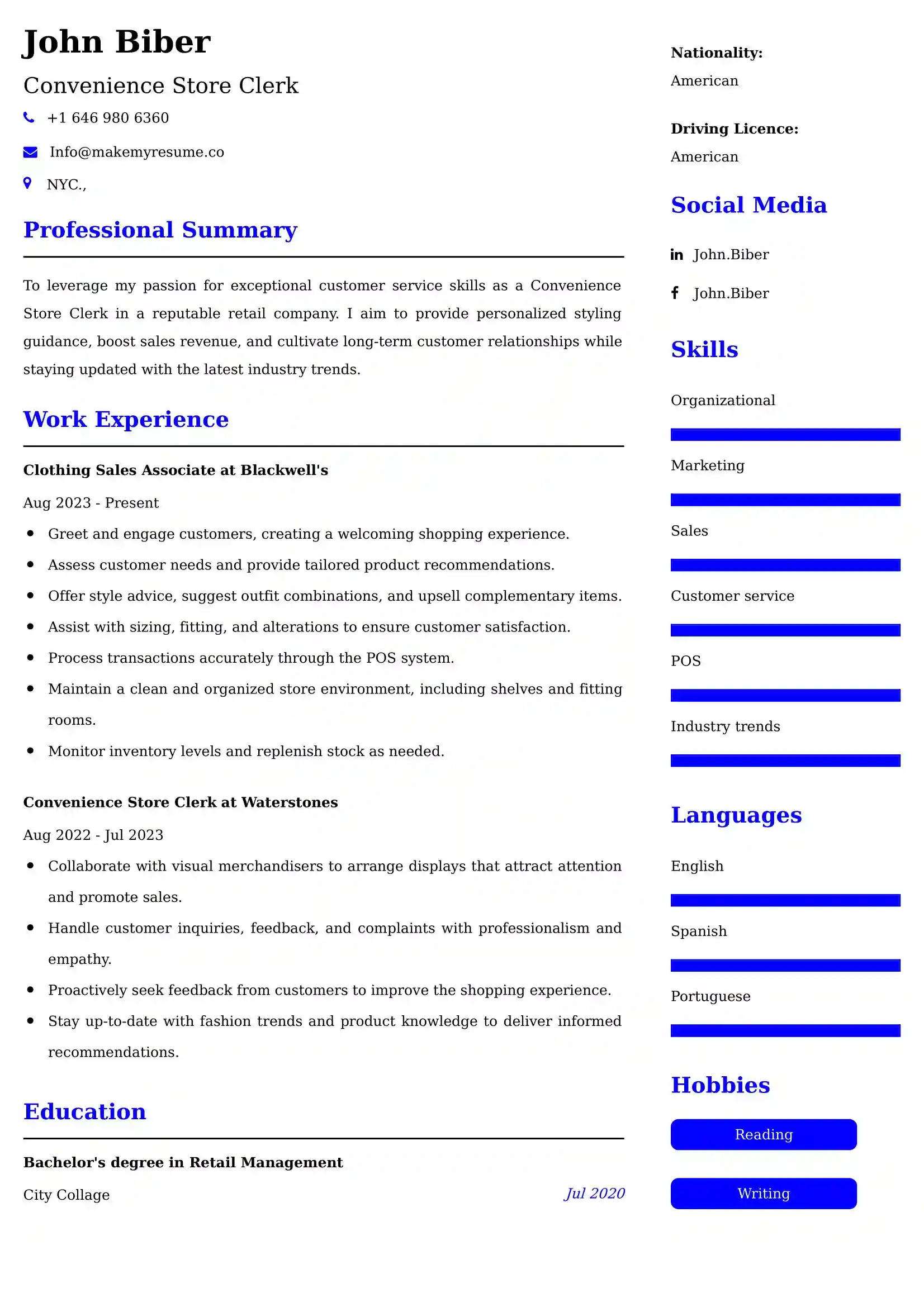 Convenience Store Clerk Resume Examples for UK Jobs - Tips and Guide