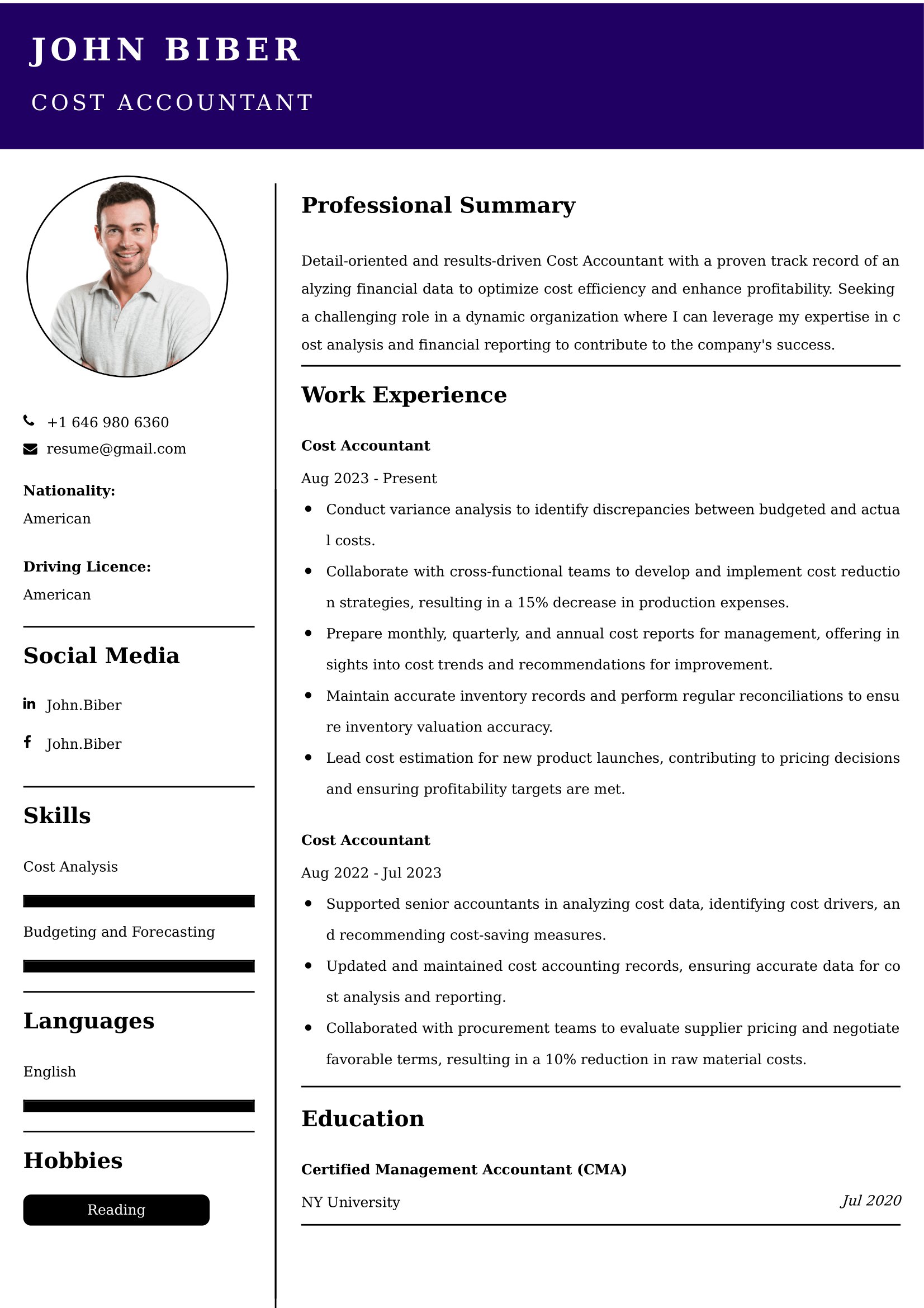 Cost Accountant Resume Examples for UK Jobs - Tips and Guide