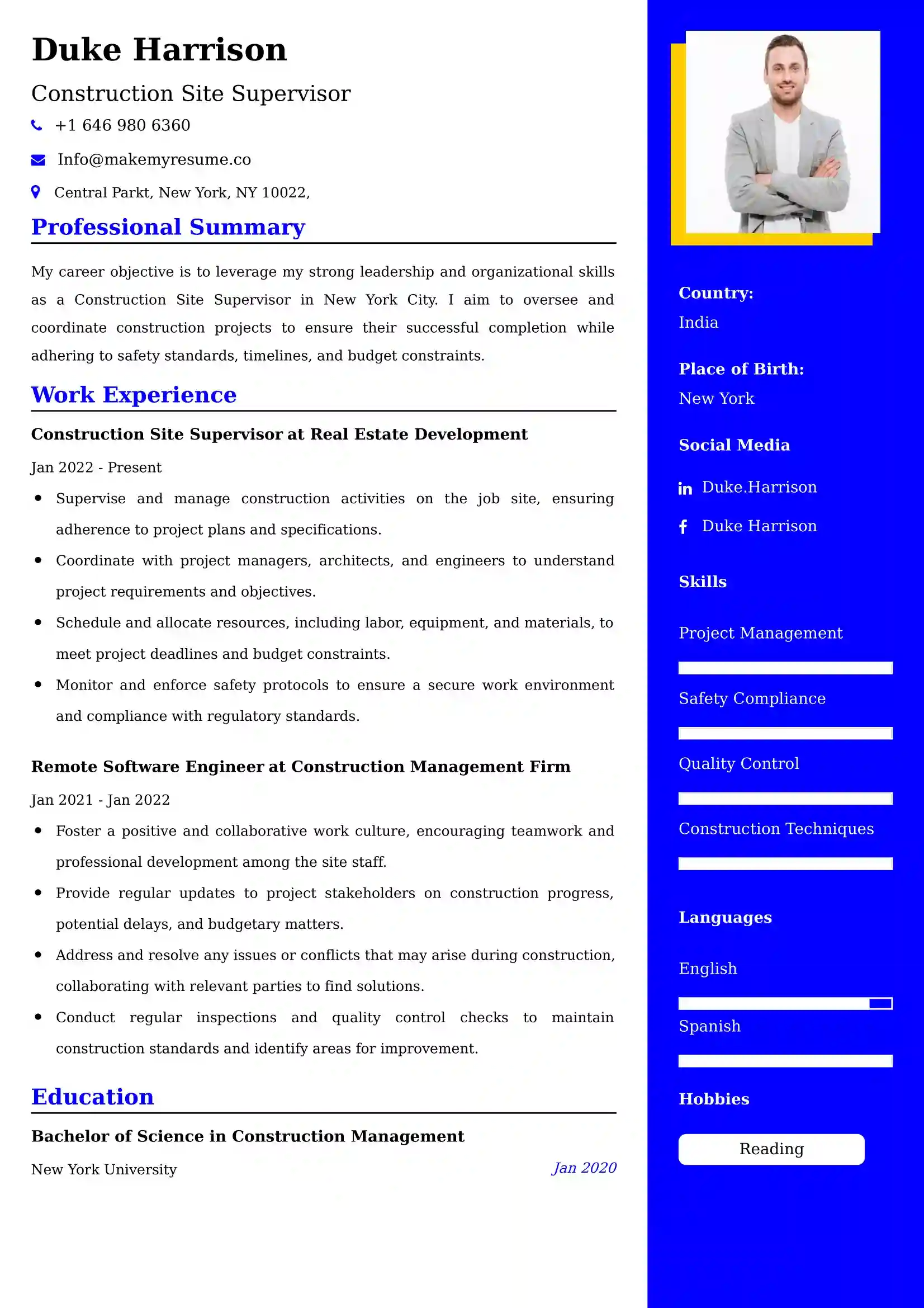 Construction Site Supervisor Resume Examples for UK Jobs - Tips and Guide