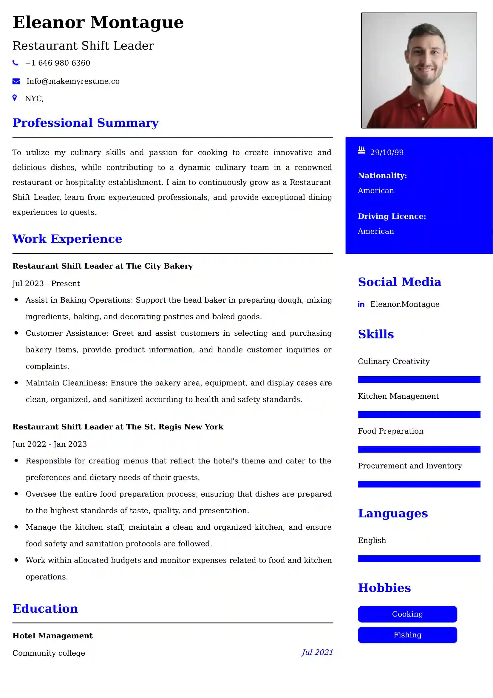 Restaurant Shift Leader Resume Examples for UK Jobs - Tips and Guide