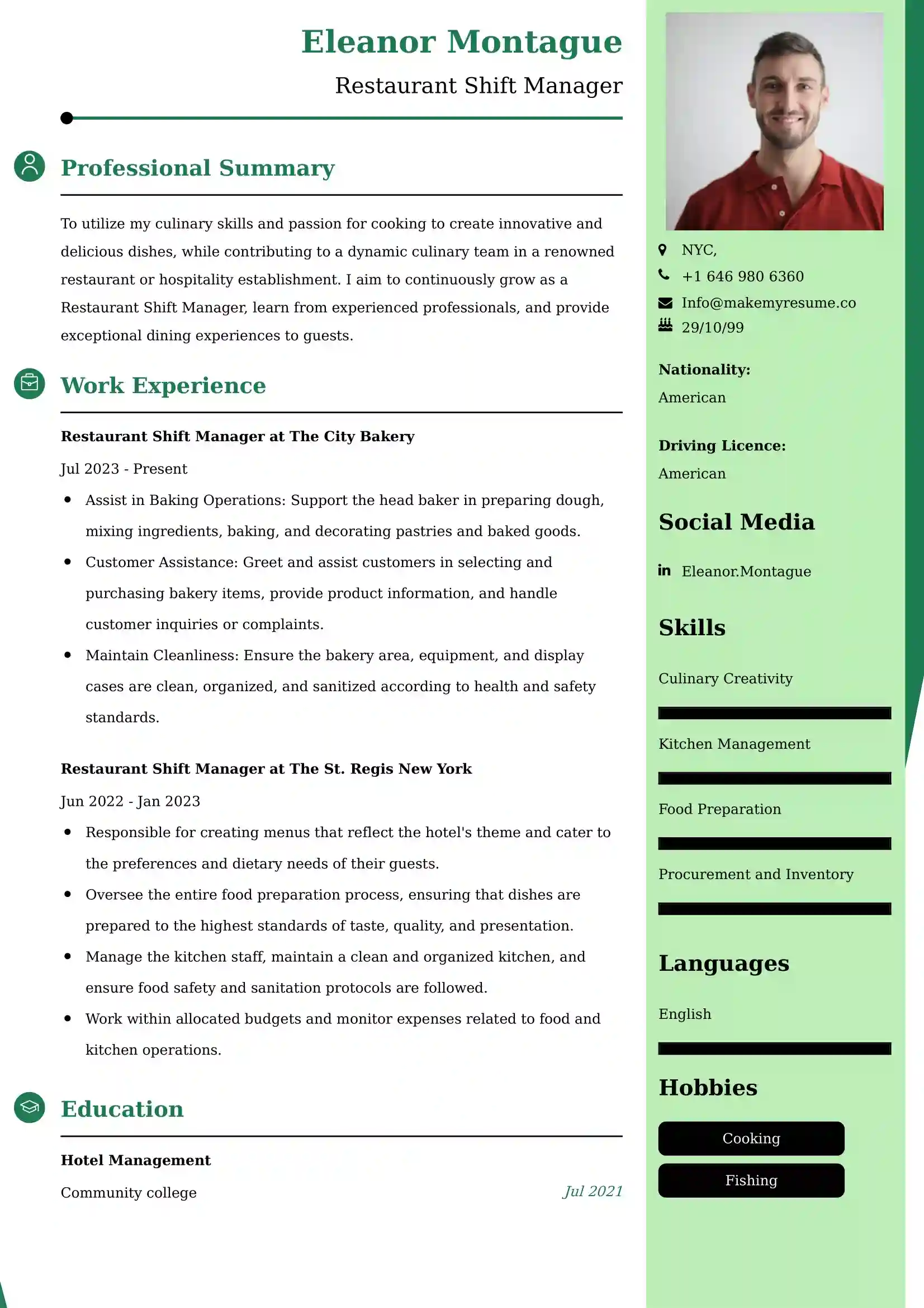 Restaurant Shift Manager Resume Examples for UK Jobs - Tips and Guide