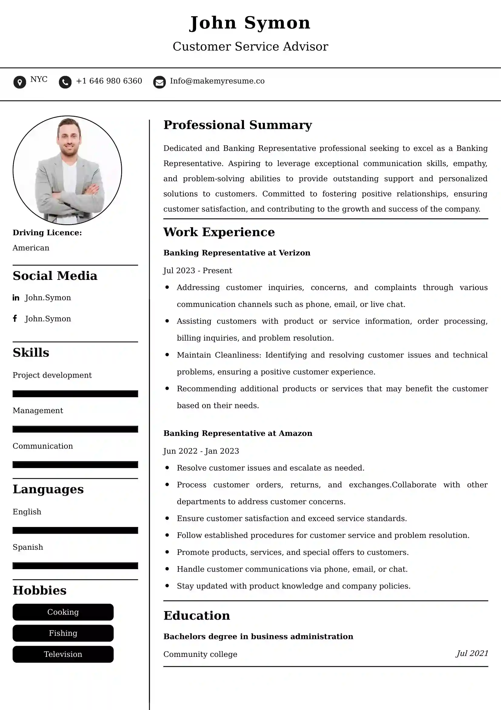 Banking Representative Resume Examples for UK Jobs - Tips and Guide
