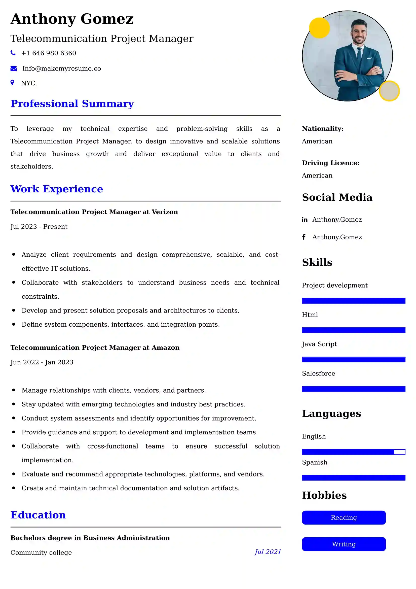 Telecommunication Project Manager Resume Examples for UK Jobs - Tips and Guide
