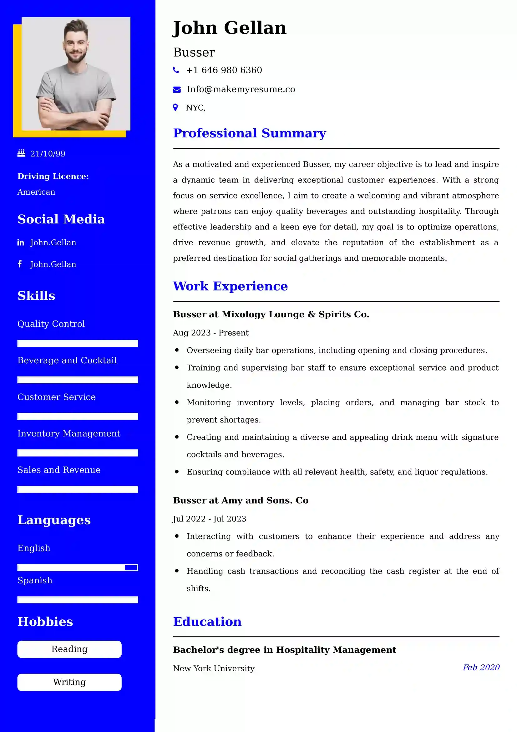 Busser Resume Examples for UK Jobs - Tips and Guide