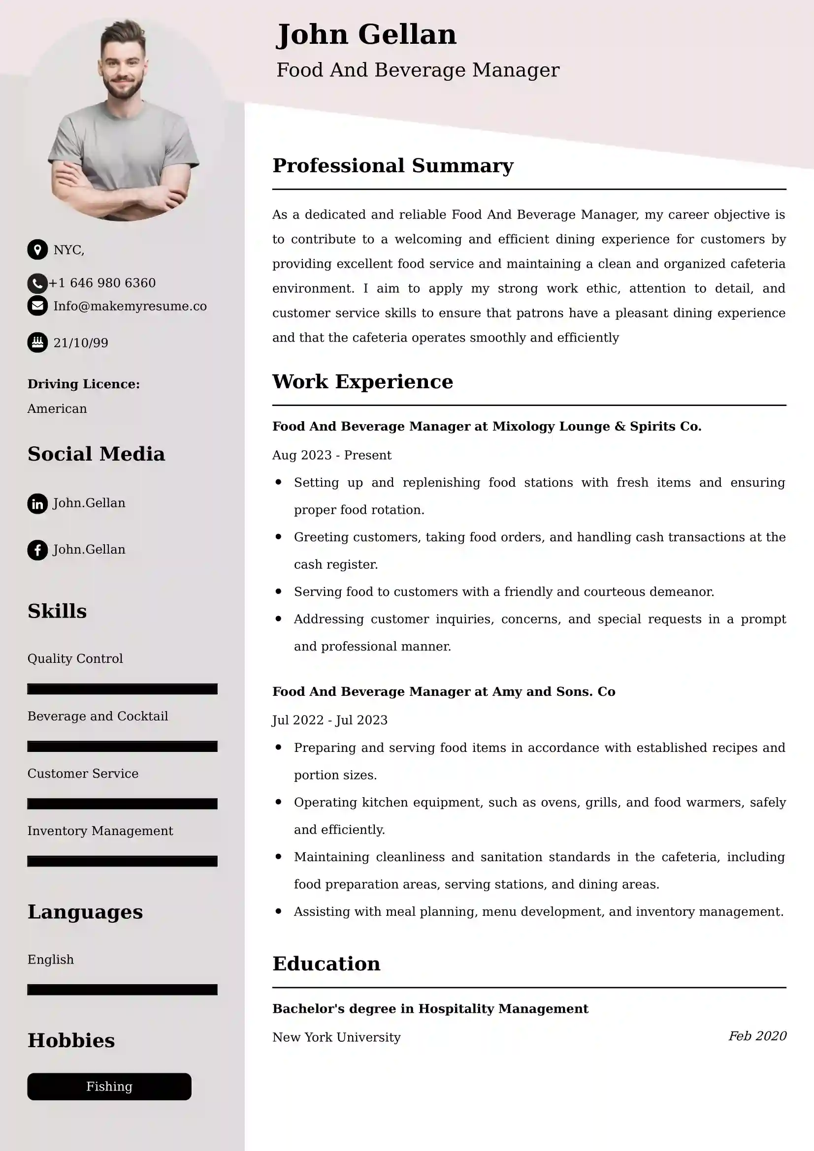 Food And Beverage Manager Resume Examples for UK Jobs - Tips and Guide