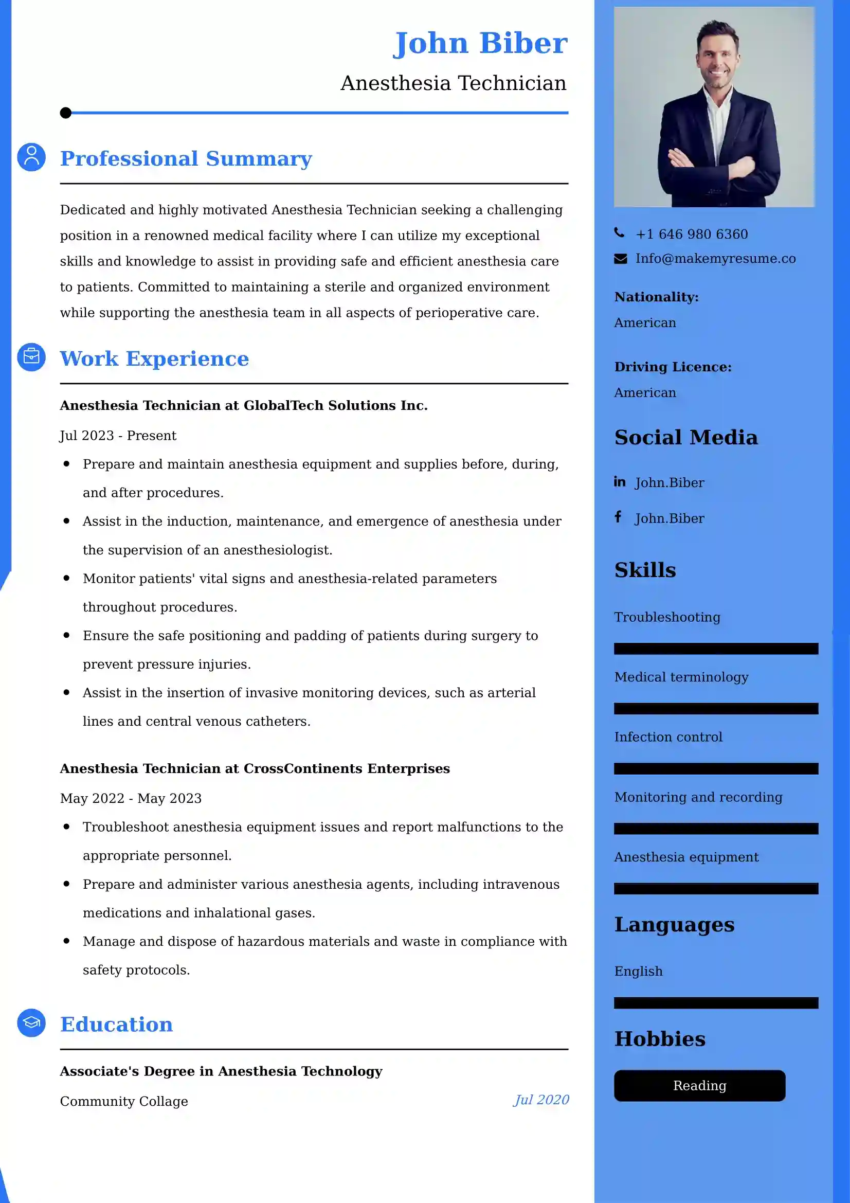 Anesthesia Technician Resume Examples for UK Jobs - Tips and Guide