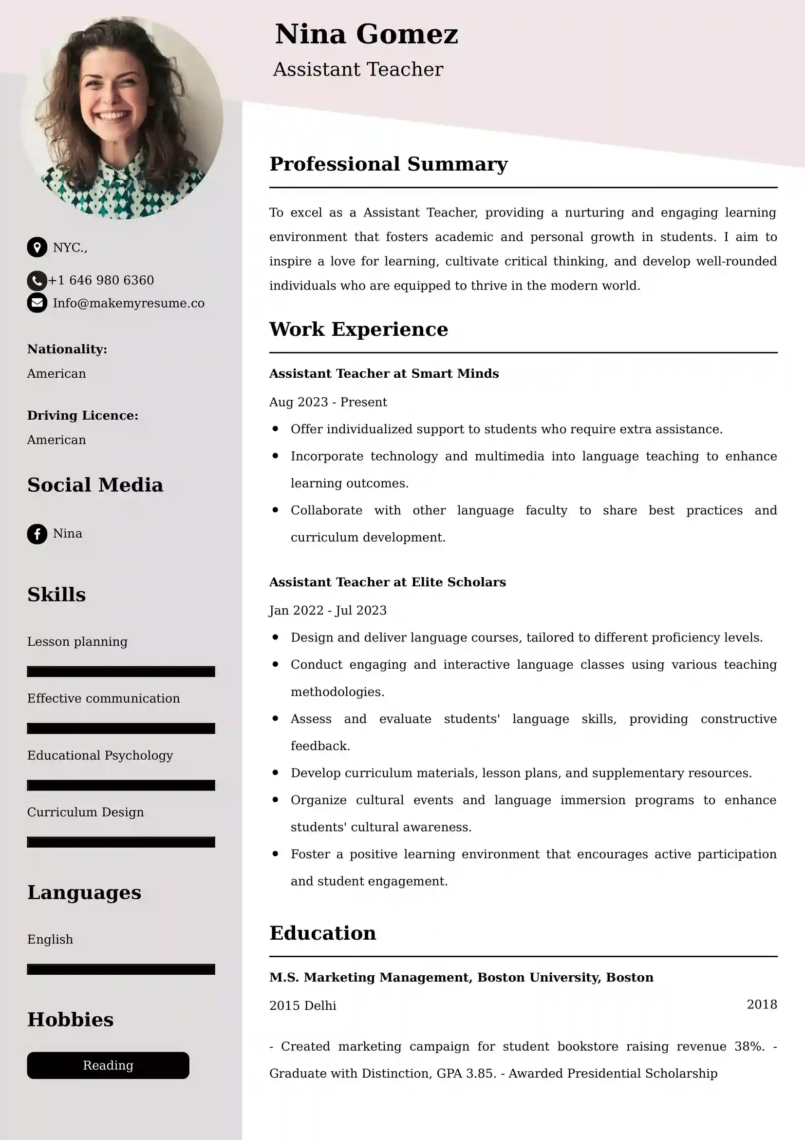 Assistant Teacher Resume Examples for UK Jobs - Tips and Guide