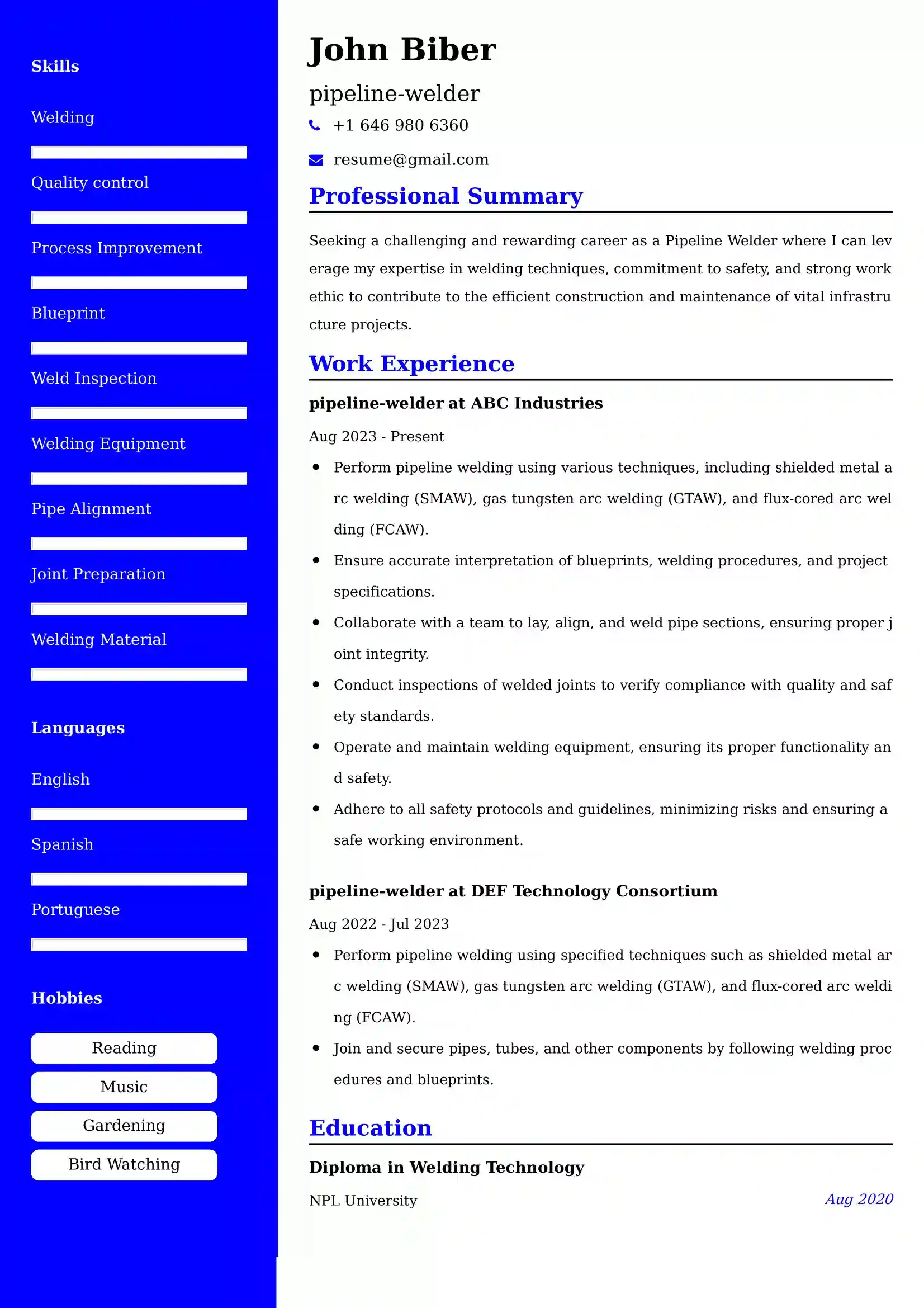Pipeline Welder Resume Examples for UK Jobs - Tips and Guide