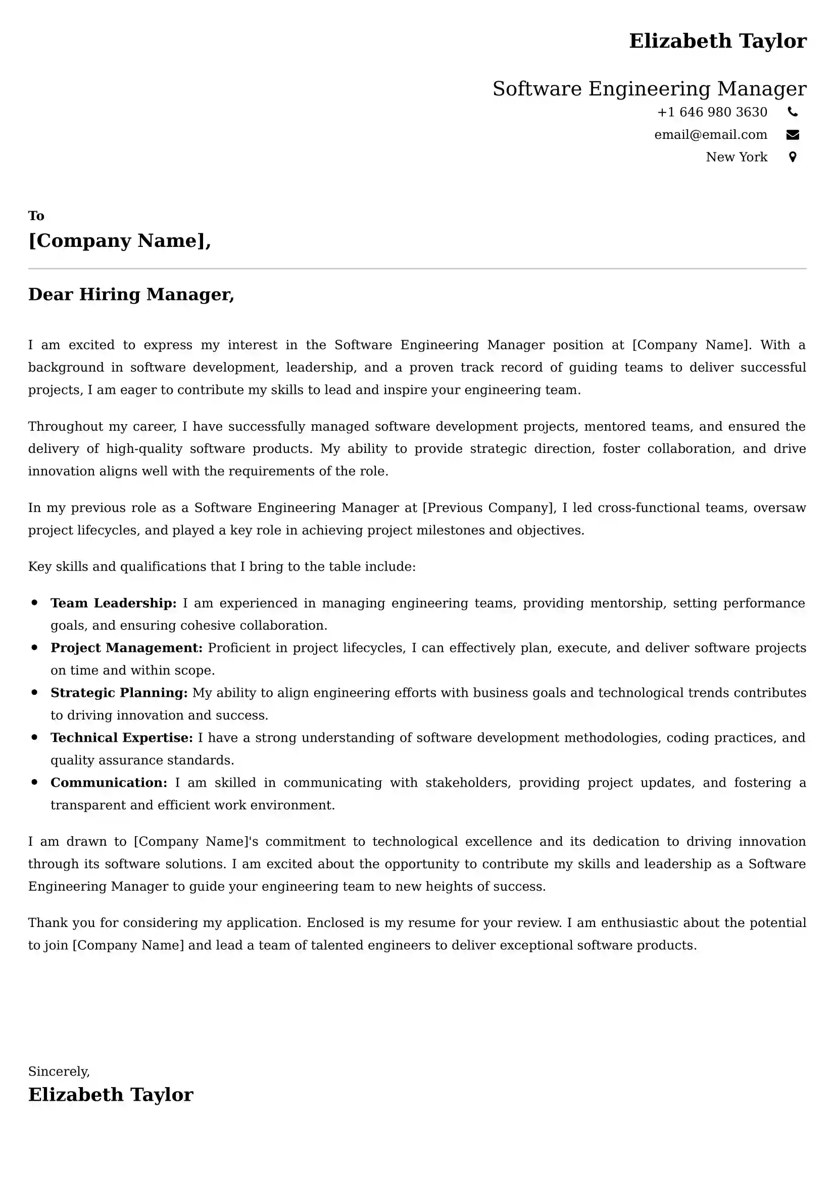 Software Engineering Manager Cover Letter Examples for UK 