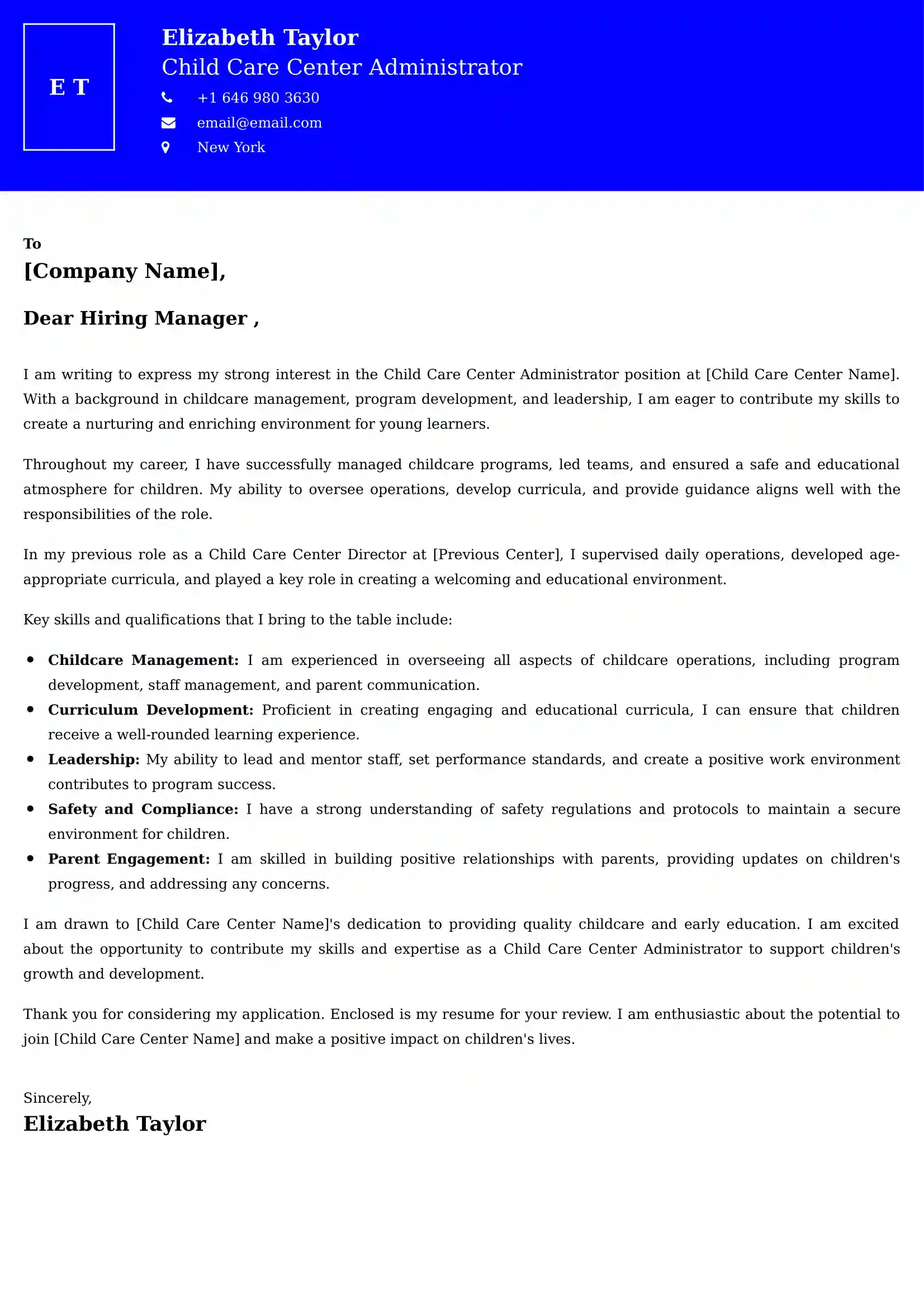 Child Care Center Administrator Cover Letter Examples for UK 