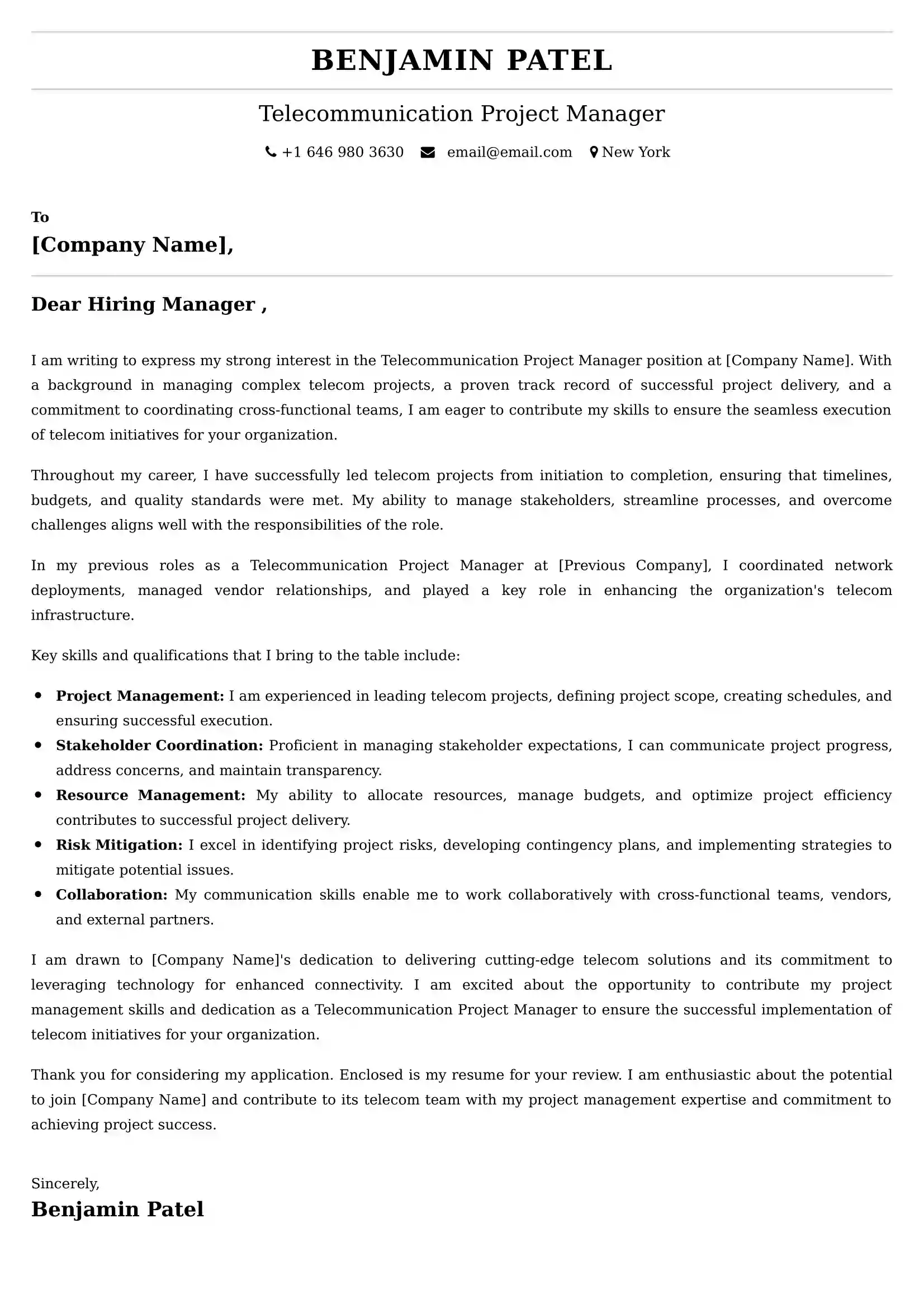 Telecommunication Project Manager Cover Letter Examples for UK 