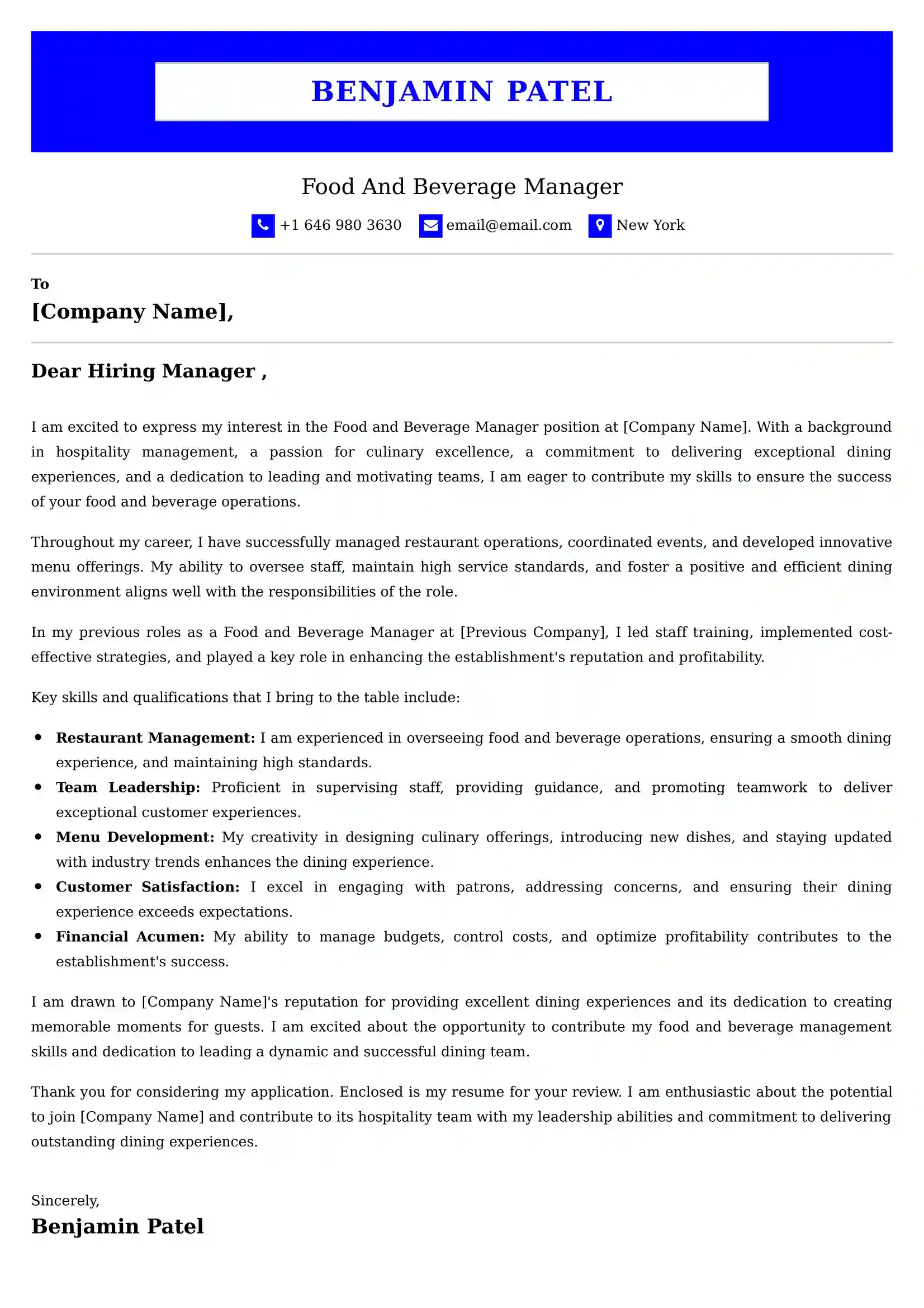Food And Beverage Server Cover Letter Examples for UK 