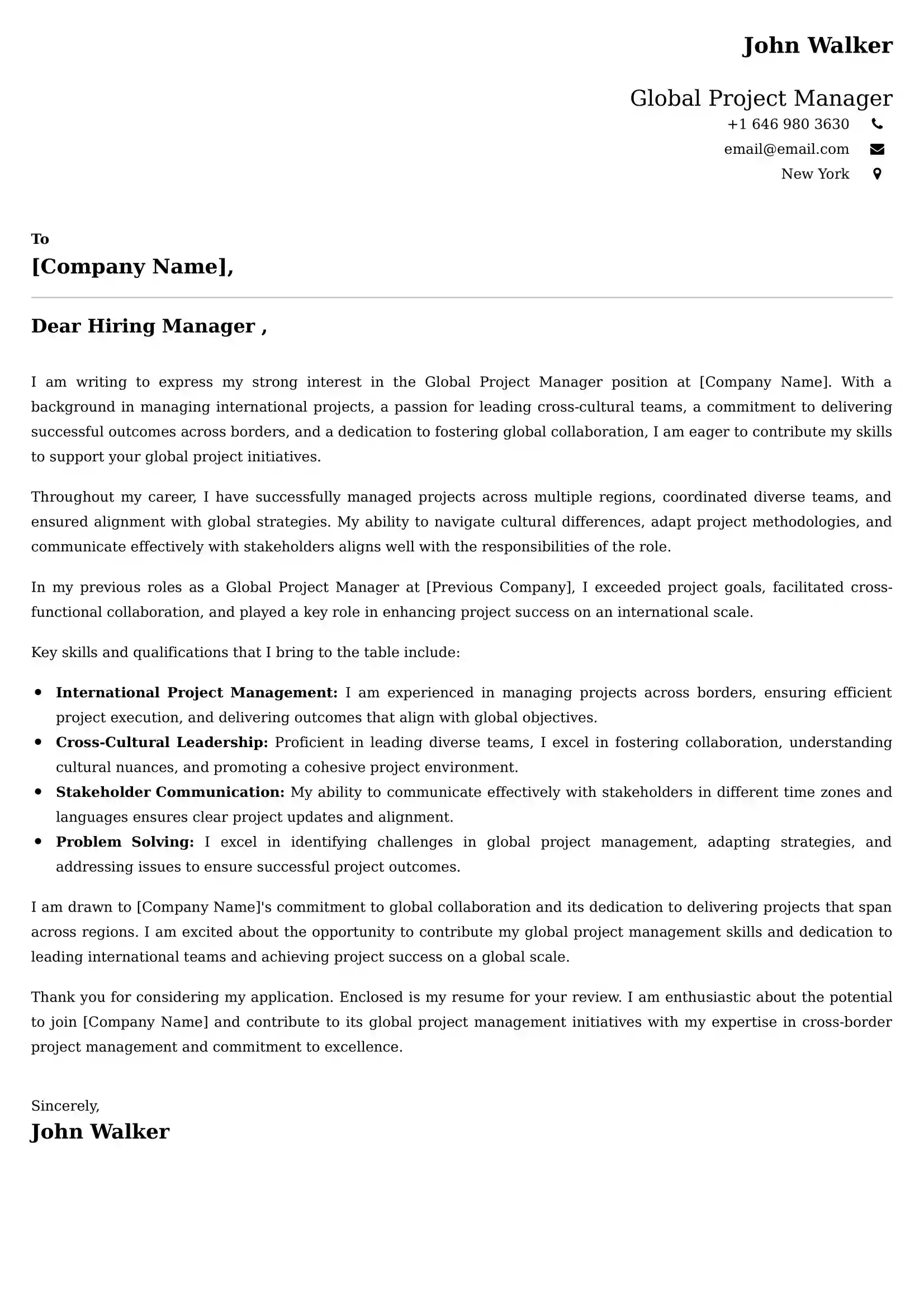 Global Project Manager Cover Letter Examples for UK 