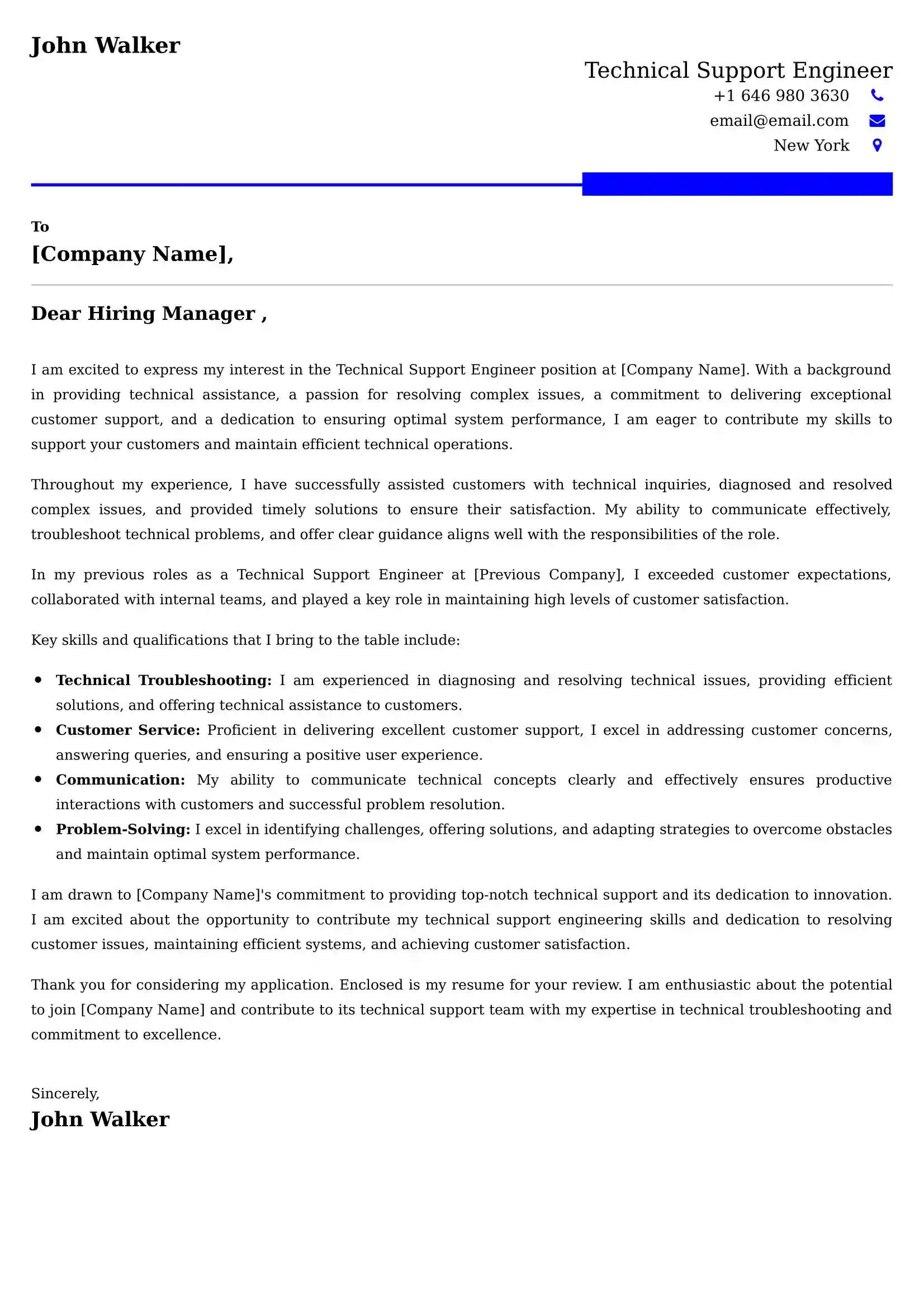 Technical Support Engineer Cover Letter Examples for UK 