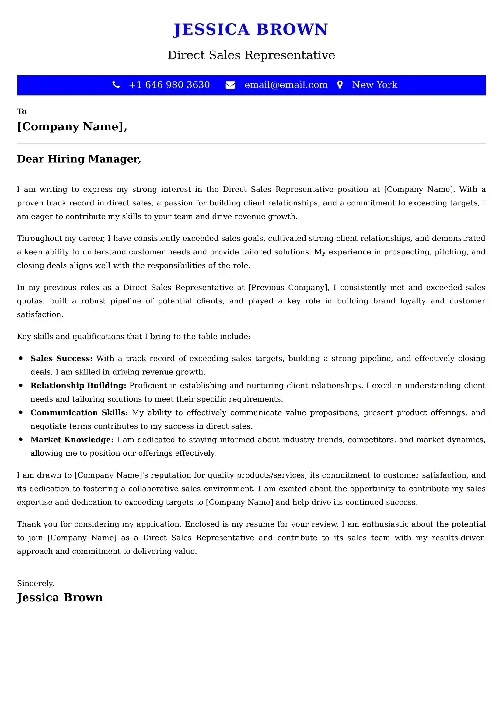 Direct Sales Representative Cover Letter Examples for UK 