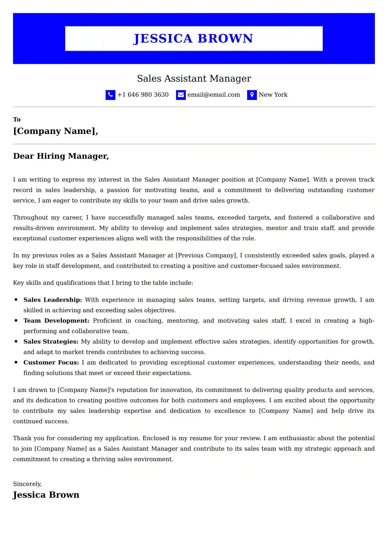 Sales Assistant Manager Cover Letter Examples for UK 