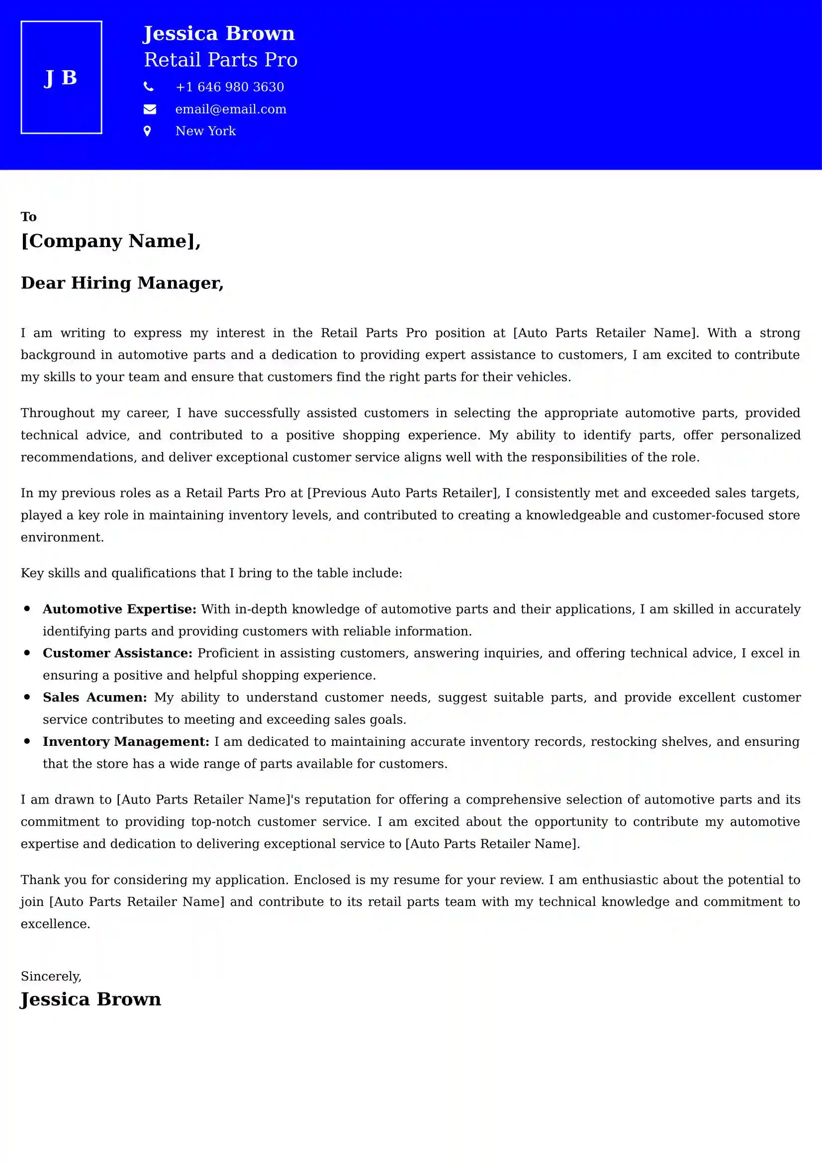 Retail Parts Pro Cover Letter Examples for UK 