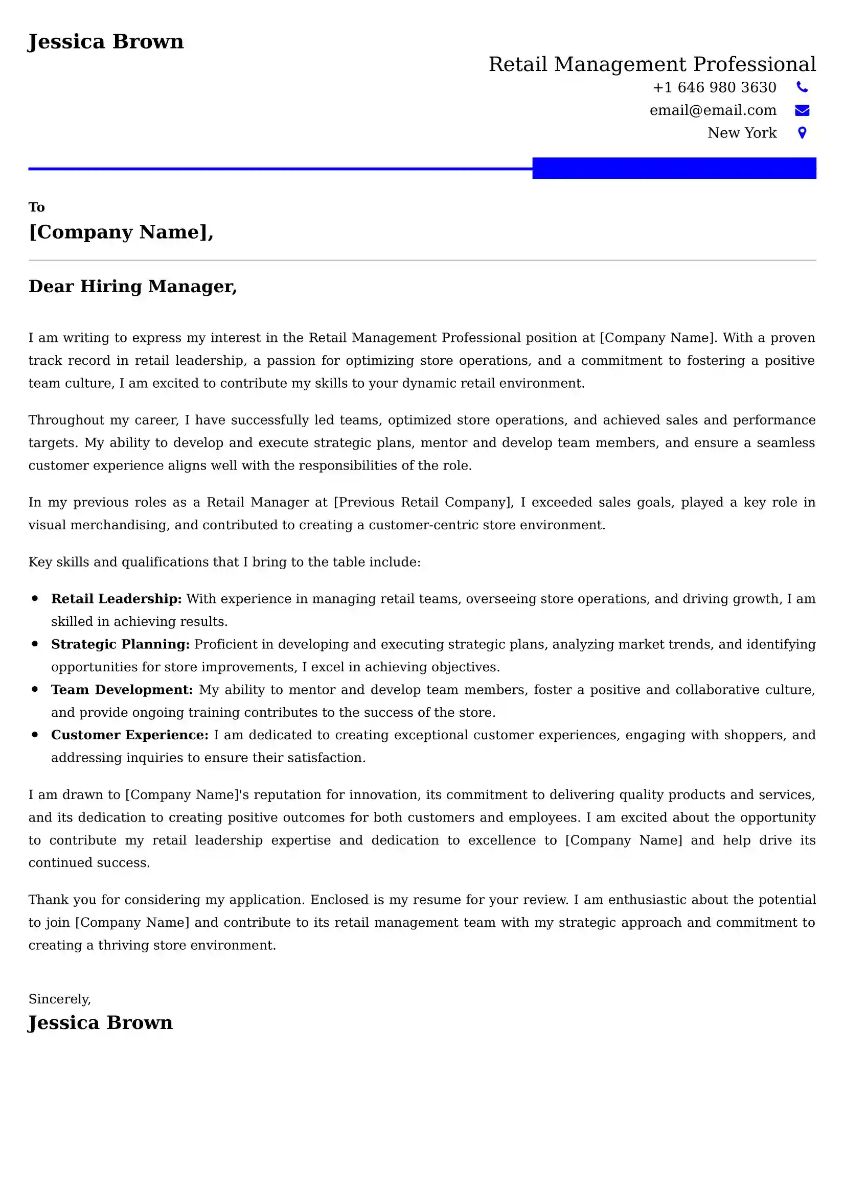 Retail Management Professional Cover Letter Examples for UK 