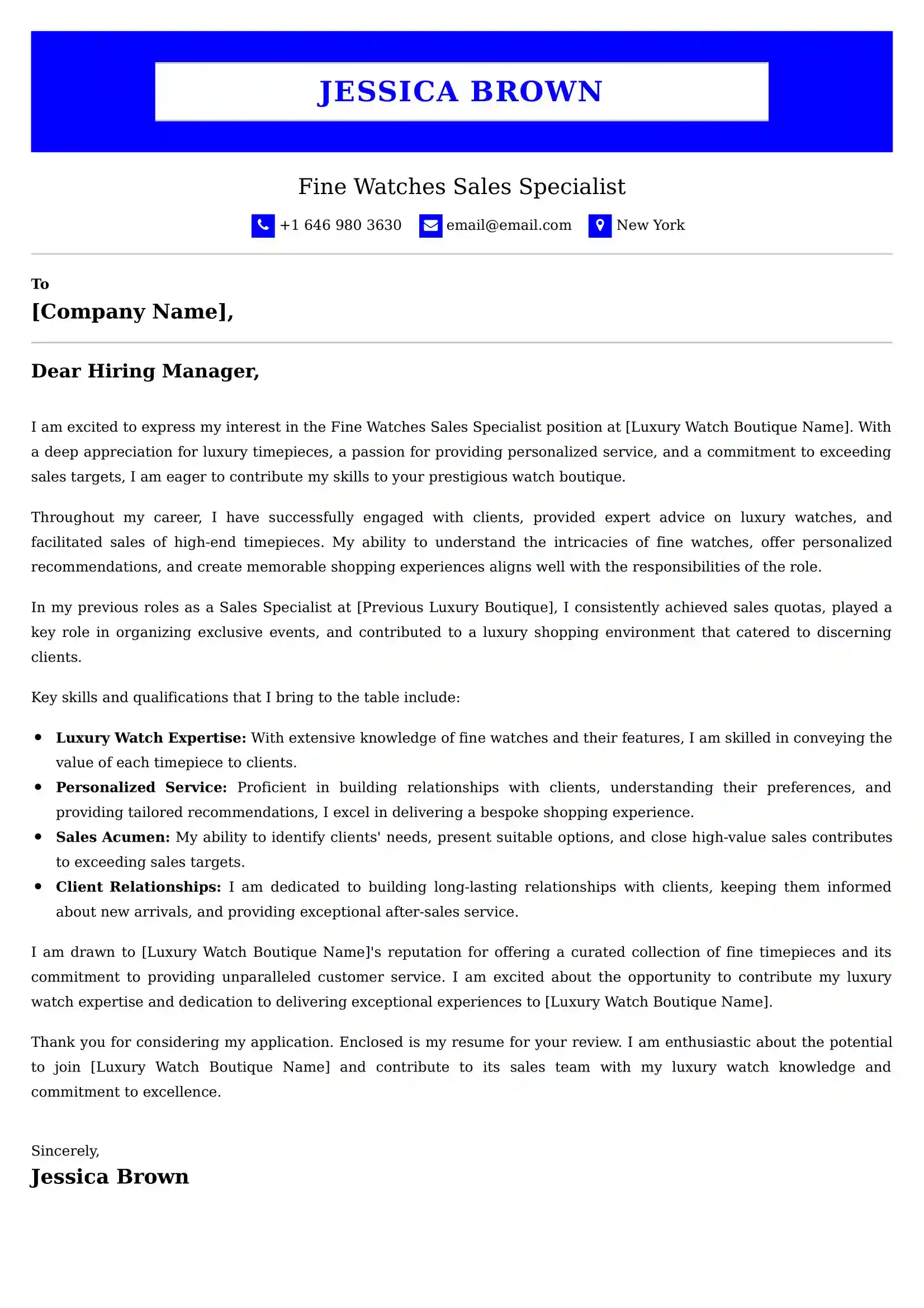 Fine Watches Sales Specialist Cover Letter Examples for UK 