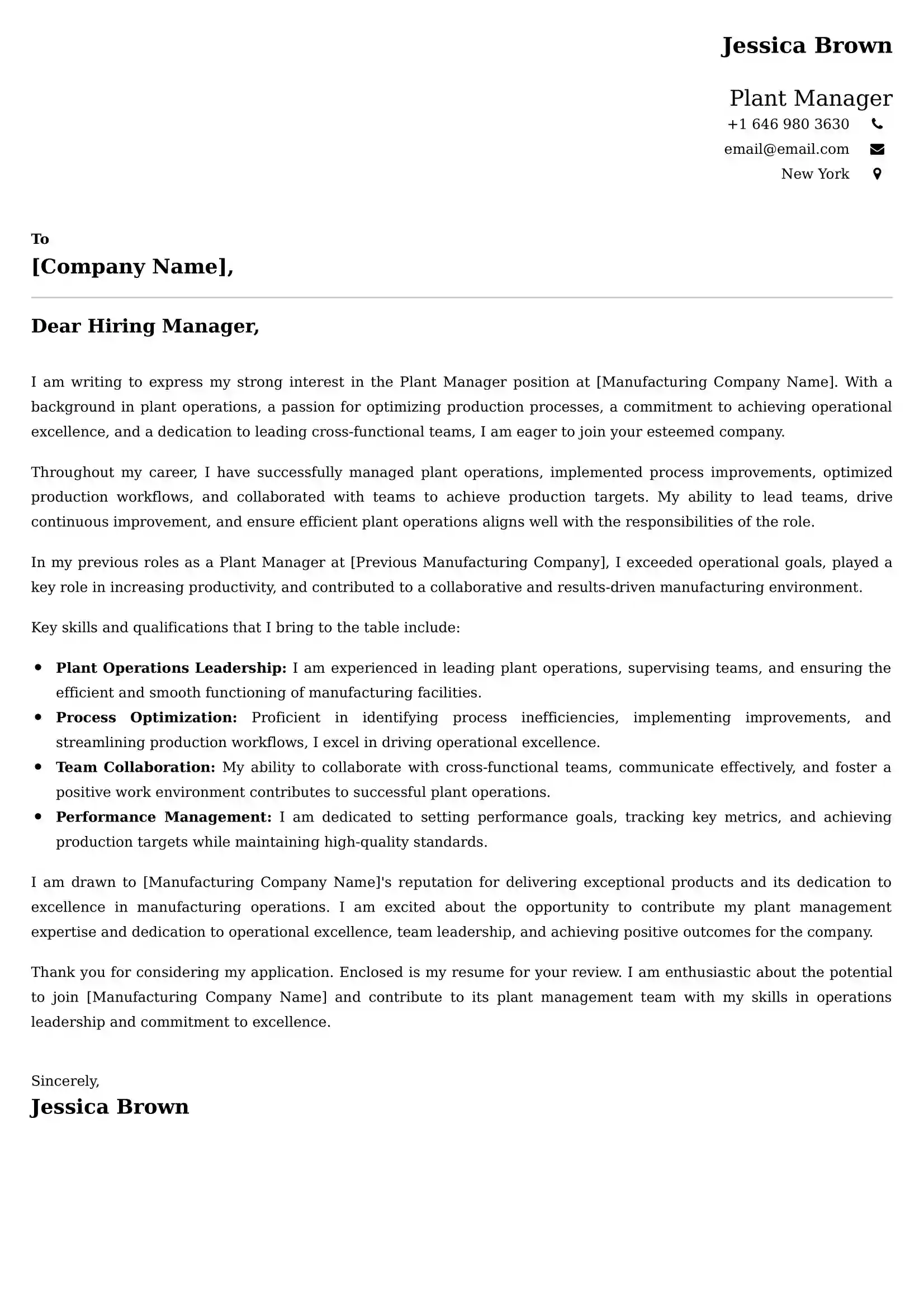 Plant Manager Cover Letter Examples for UK 